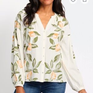 Daniel Rainn Cream and Green Leaf Print Blouse